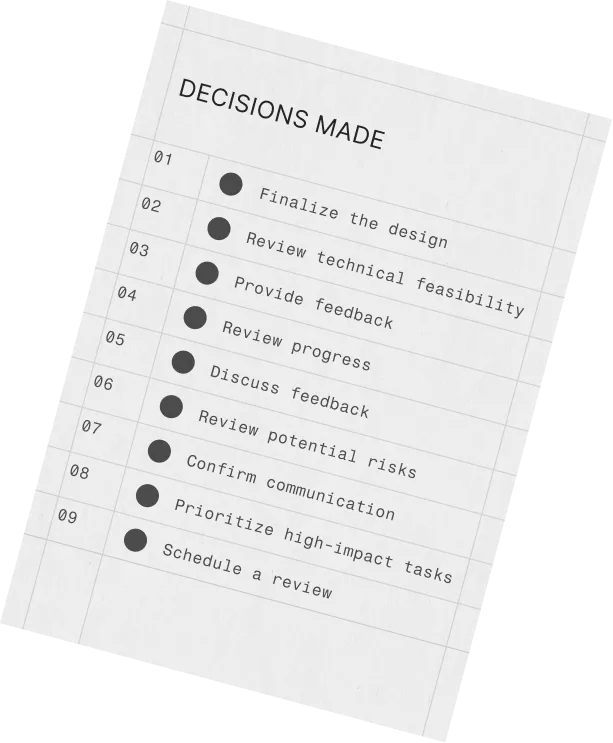 A tilted to-do card titled Decisions made