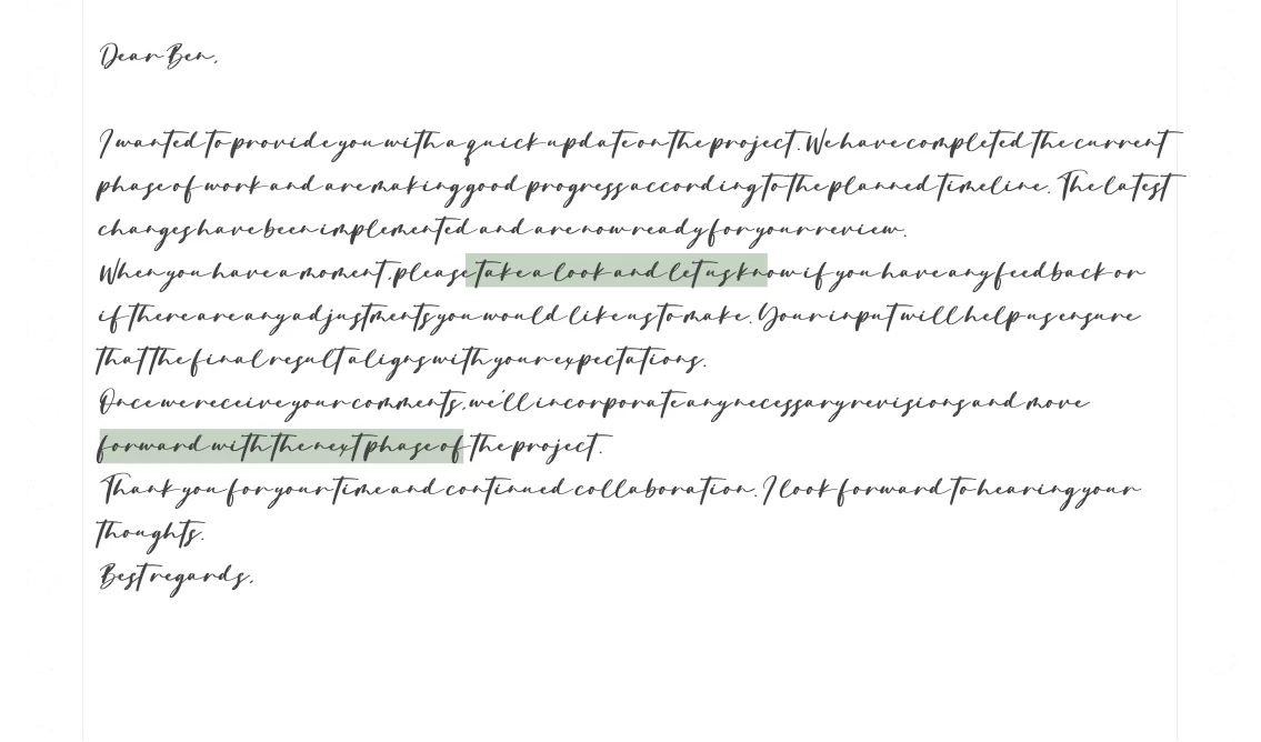 A handwritten project update letter