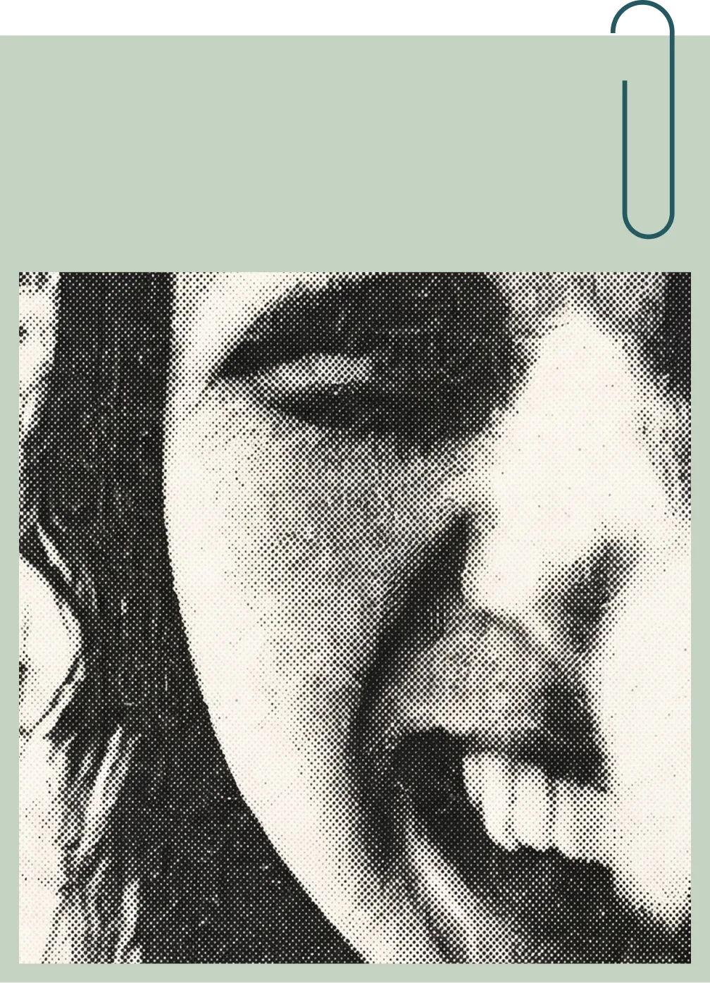 A pistache photo card with a halftoned closeup of a face